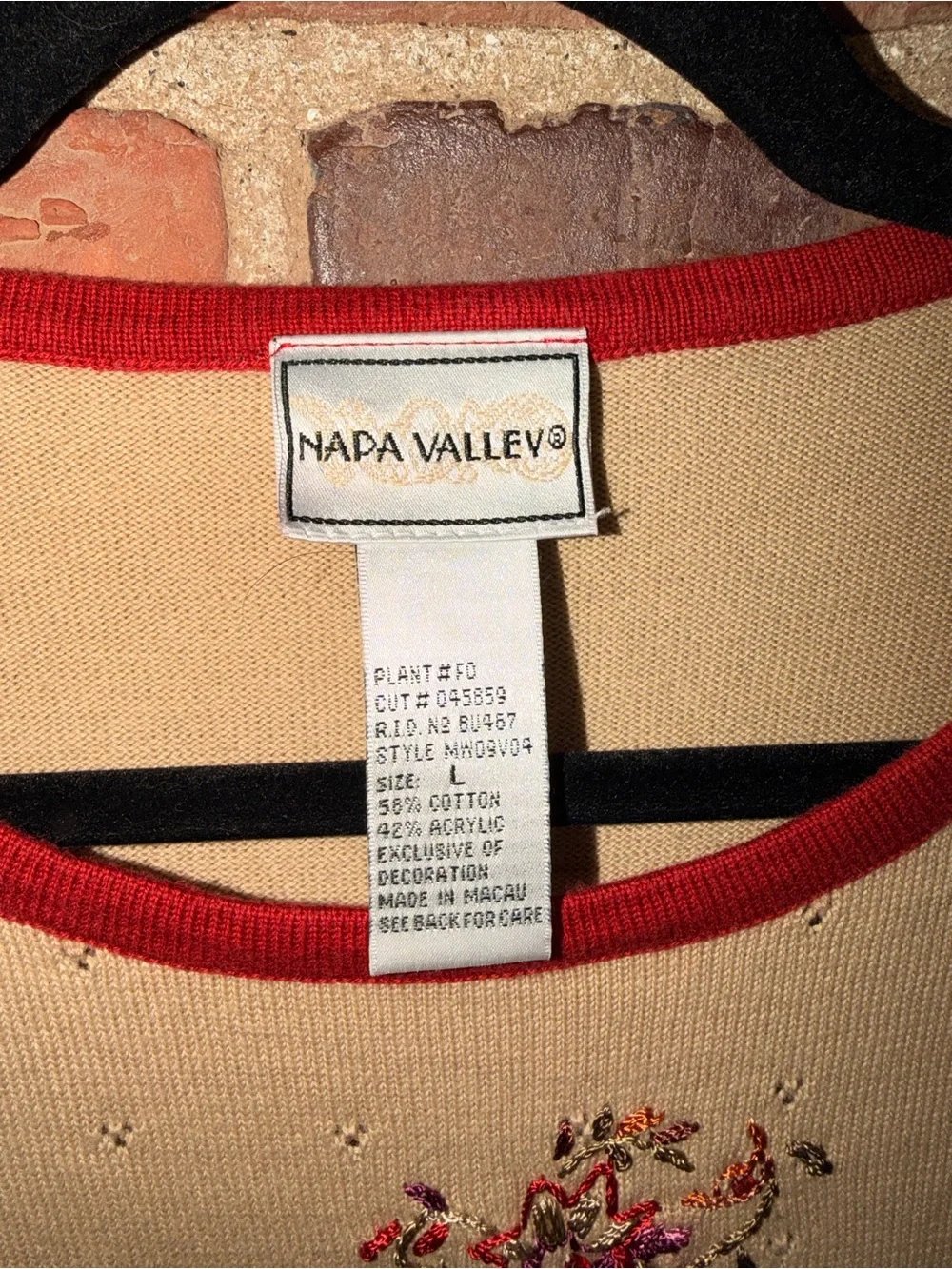 NAPA VALLEY Beige Knit Sweater Top Red Trim and Floral Embroidery Stitched Women
